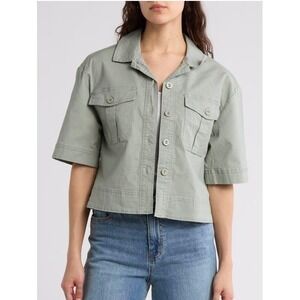HABITUAL Womens Cropped Utility Shirt Jacket Olive Green Button Front Size XL